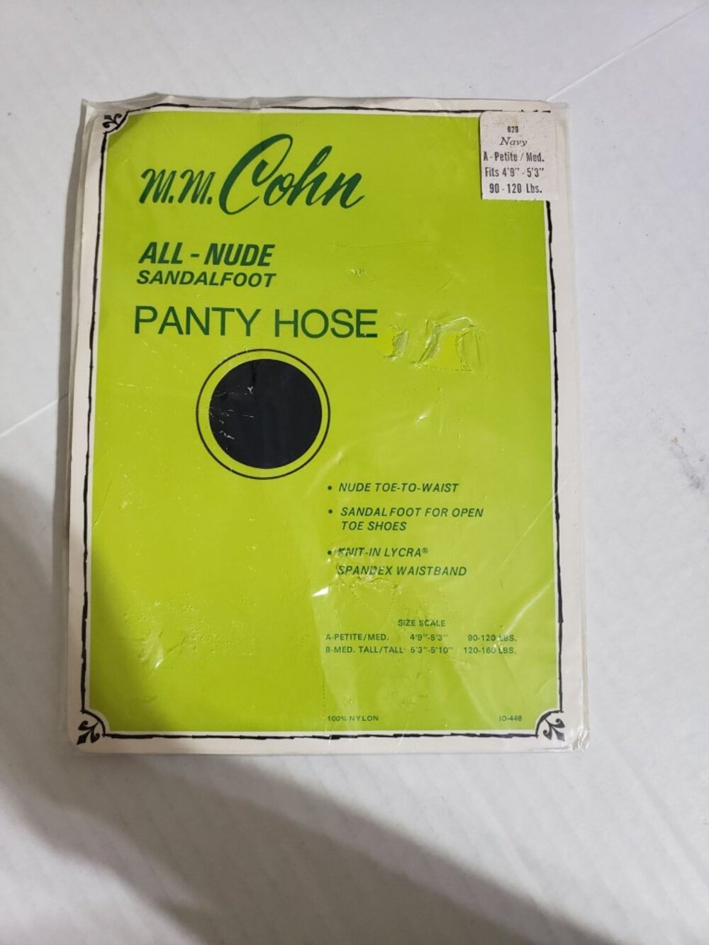 Vintage M.M. Cohn all neutral sandalfoot panty hose, navy, size petite medium